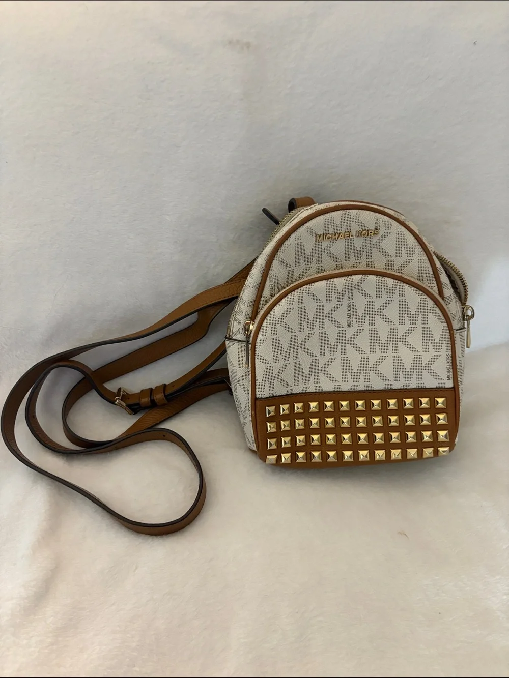 Michael Kors White & Brown MK Logo Mini Backpack with Gold Studs